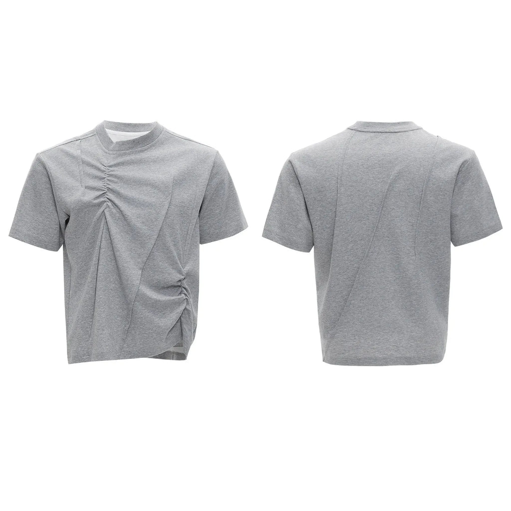 Men's cotton loose fit T-shirt with three-dimensional pleated detail and asymmetric stitching