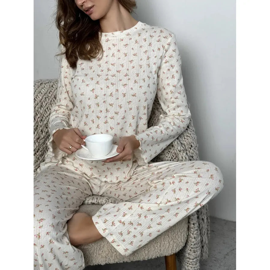 White women's floral print bell sleeve top and wide leg pants loungewear suit set