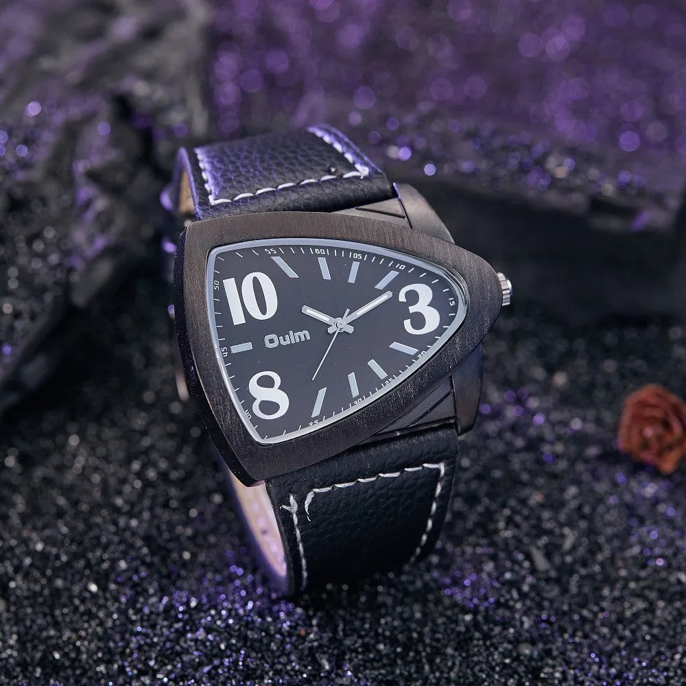 Men's brown casual quartz watch with a triangle belt on a wrist, showing slim 9mm profile.