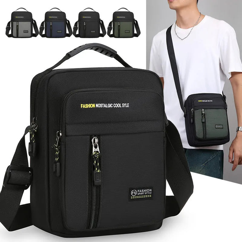 Men's casual nylon messenger crossbody bag with sewn thread detail, shown in available colours.