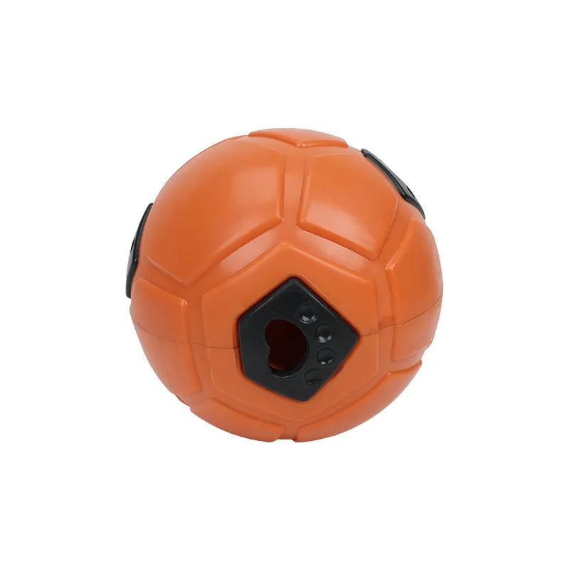 Orange and white TPR dog toy ball for chewing, showing hollow and tooth cleaning stick styles.