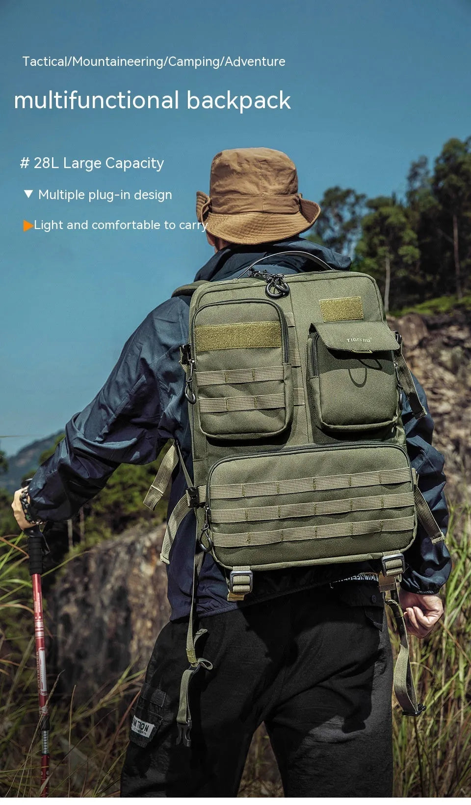 17-inch tactical backpack in army green or black with waterproof nylon construction