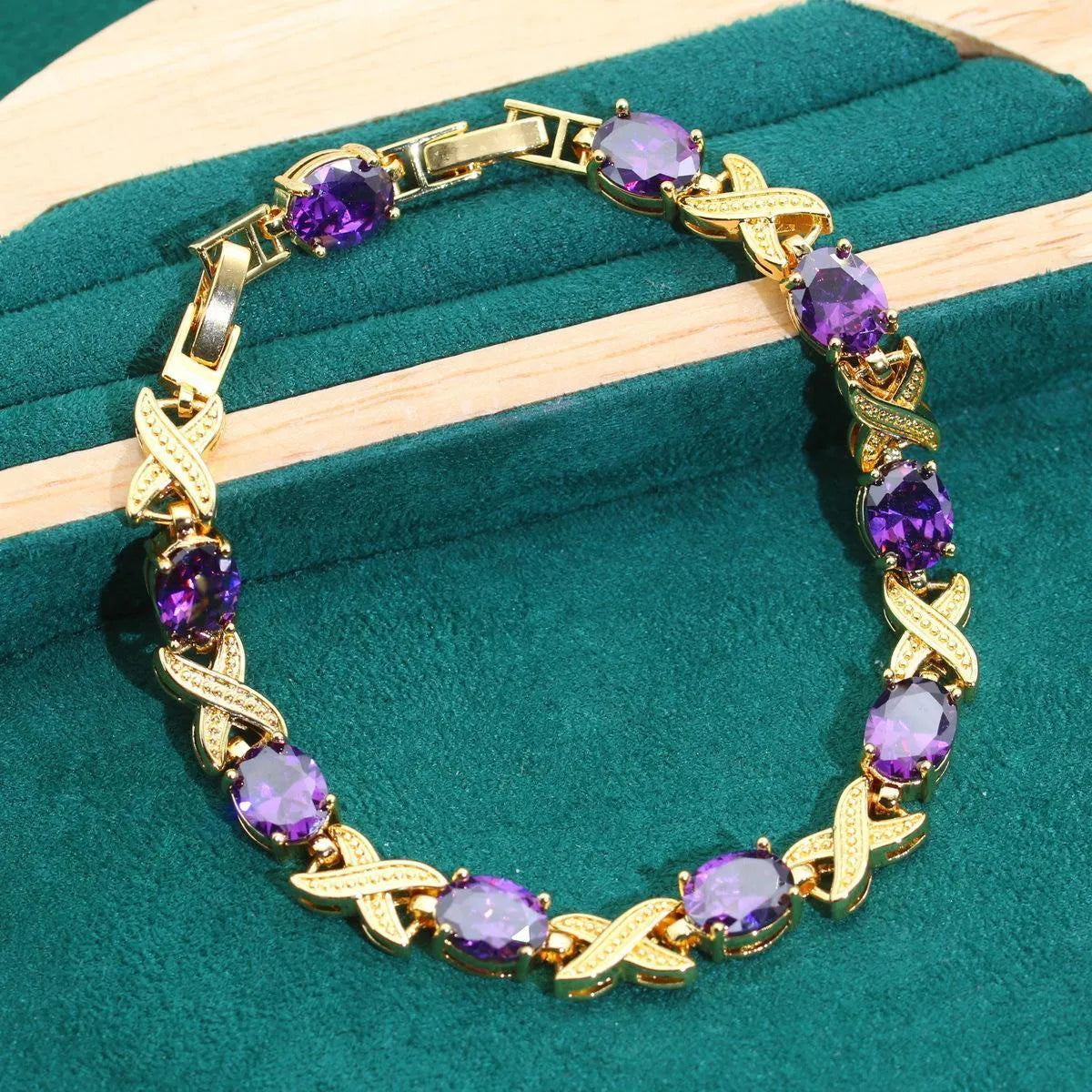 Gold plated jewellery set with multi-colour cubic zirconia stones including necklace, earrings, ring and bracelet