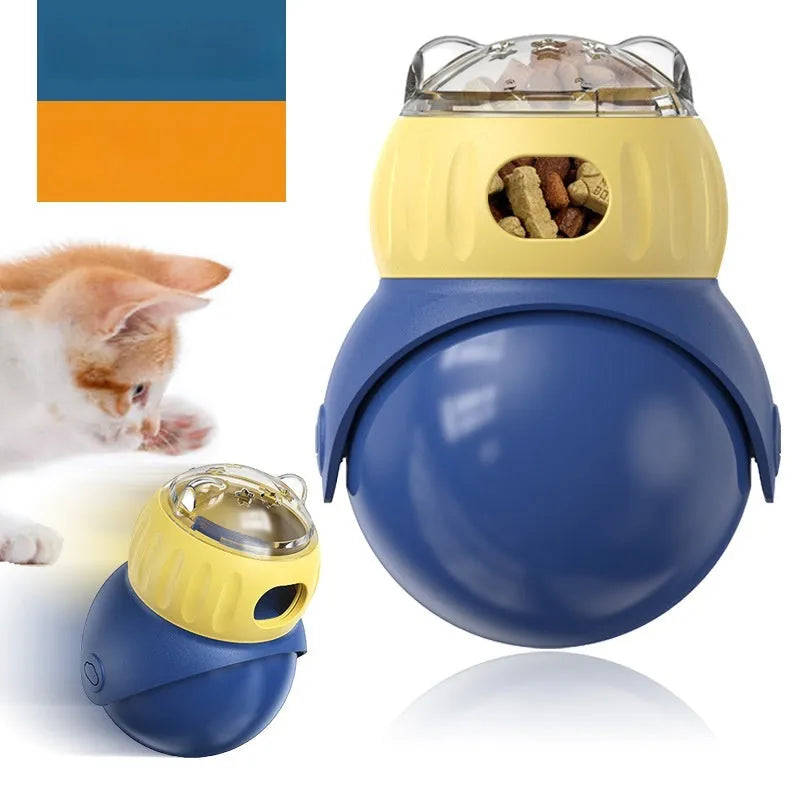 Morandi yellow and blue owl-shaped plastic tumbler cat puzzle feeder for self-service food dispensing