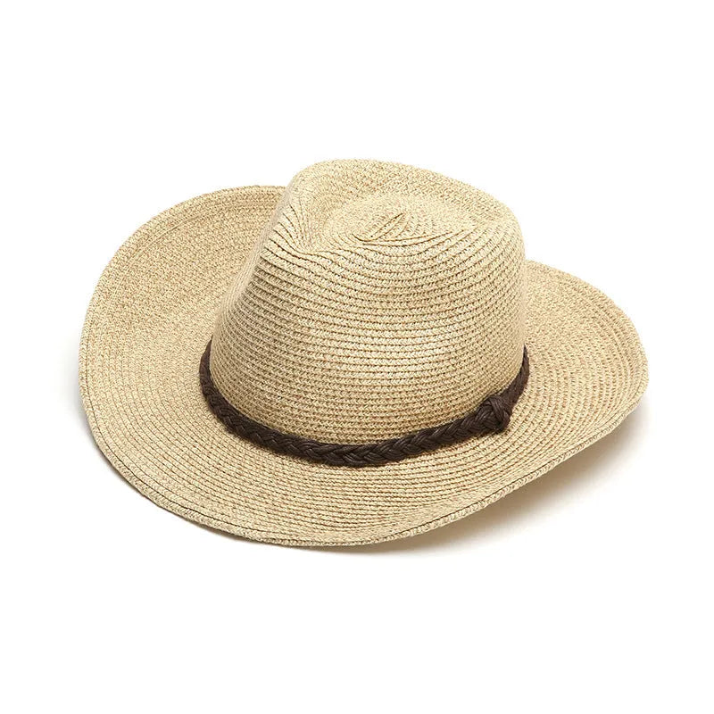 Men's foldable straw sun hat with wide brim shown in natural beige colour