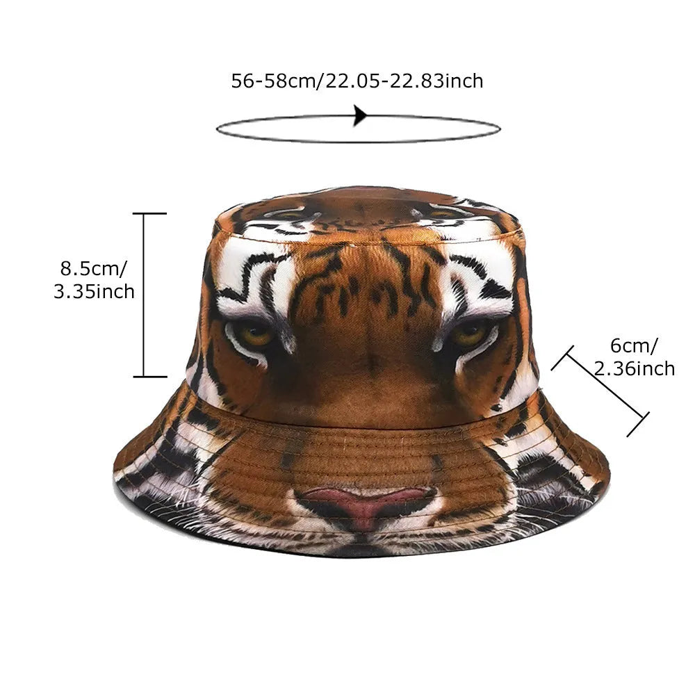 Tiger pattern polyester bucket hat with dome crown in khaki colour, size M 56-58cm