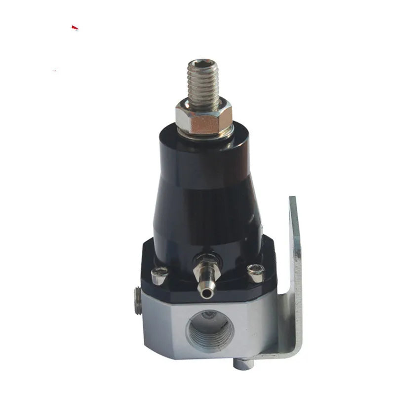 Black CNC aluminium fuel pressure regulator with adjustable 30-70 psi range and mounting strap