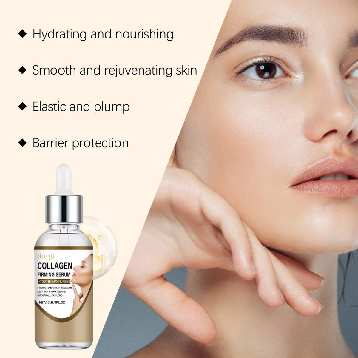 30ml collagen firming care solution bottle with hyaluronic acid in 2.8x10.3cm dimensions