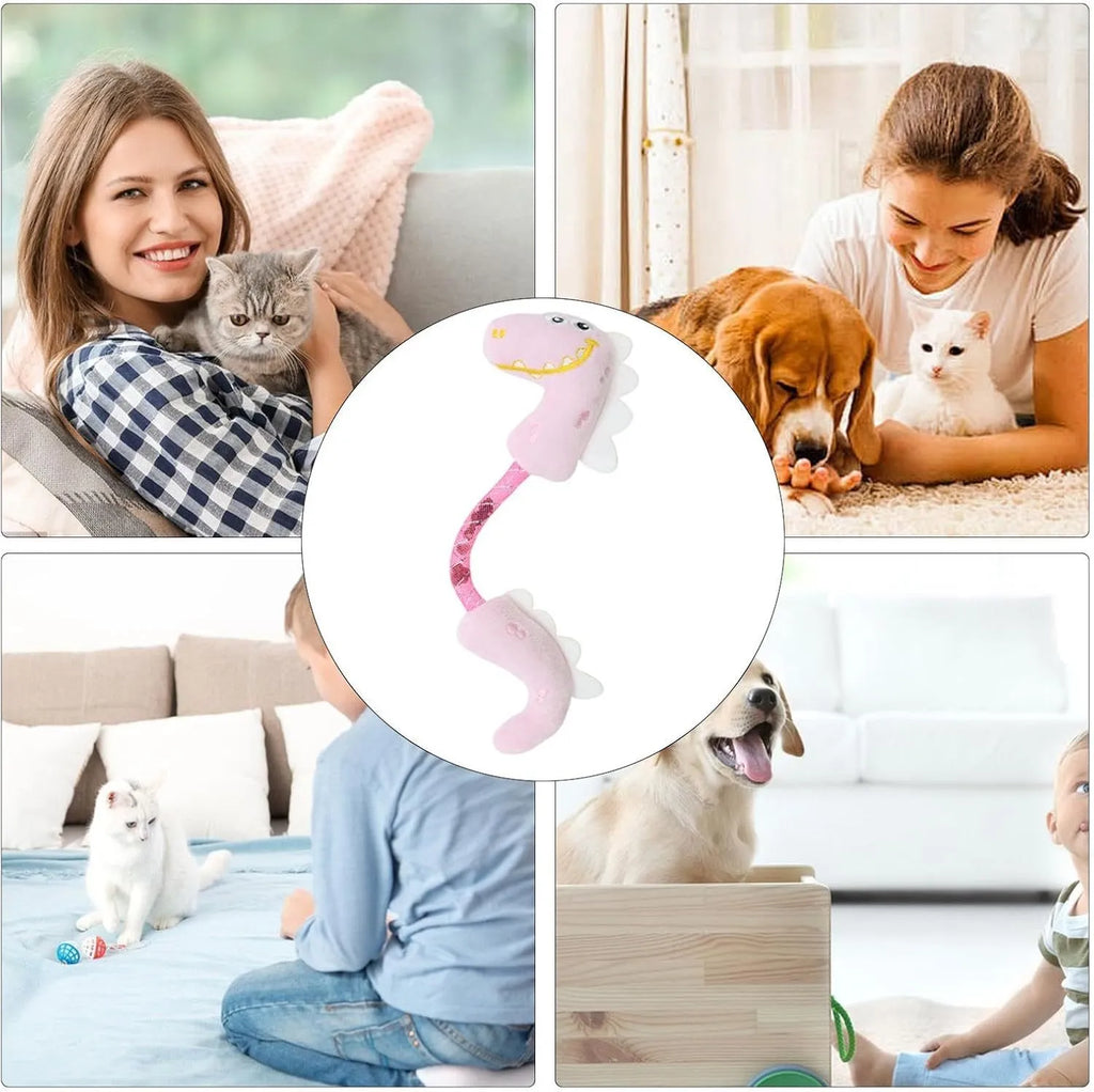 Four-piece cat toy set showing a catnip rope, springs, a kicker toy, and plush mouse, fish, and bunny in pink, purple, and yellow.