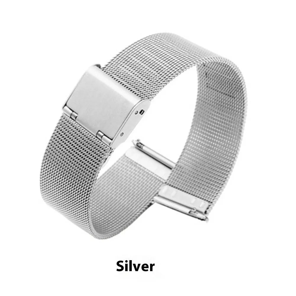 Milani silk woven stainless steel watch band showing multiple width sizes and colour options