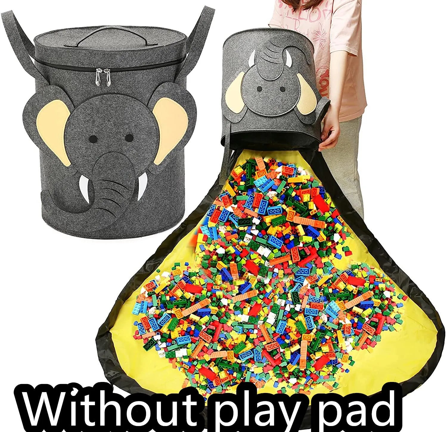 Green felt cube storage bag with pull rope, laid flat as a play mat