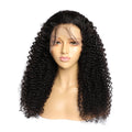 Curly human hair lace front wig on a mannequin head, showing natural hairline and long curls.