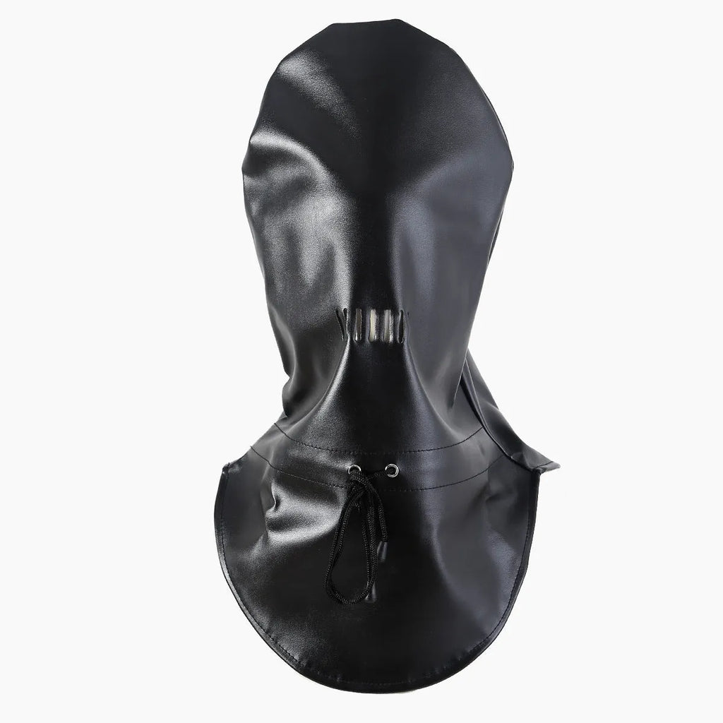 Black leather BDSM mask with adjustable straps for adult role play training
