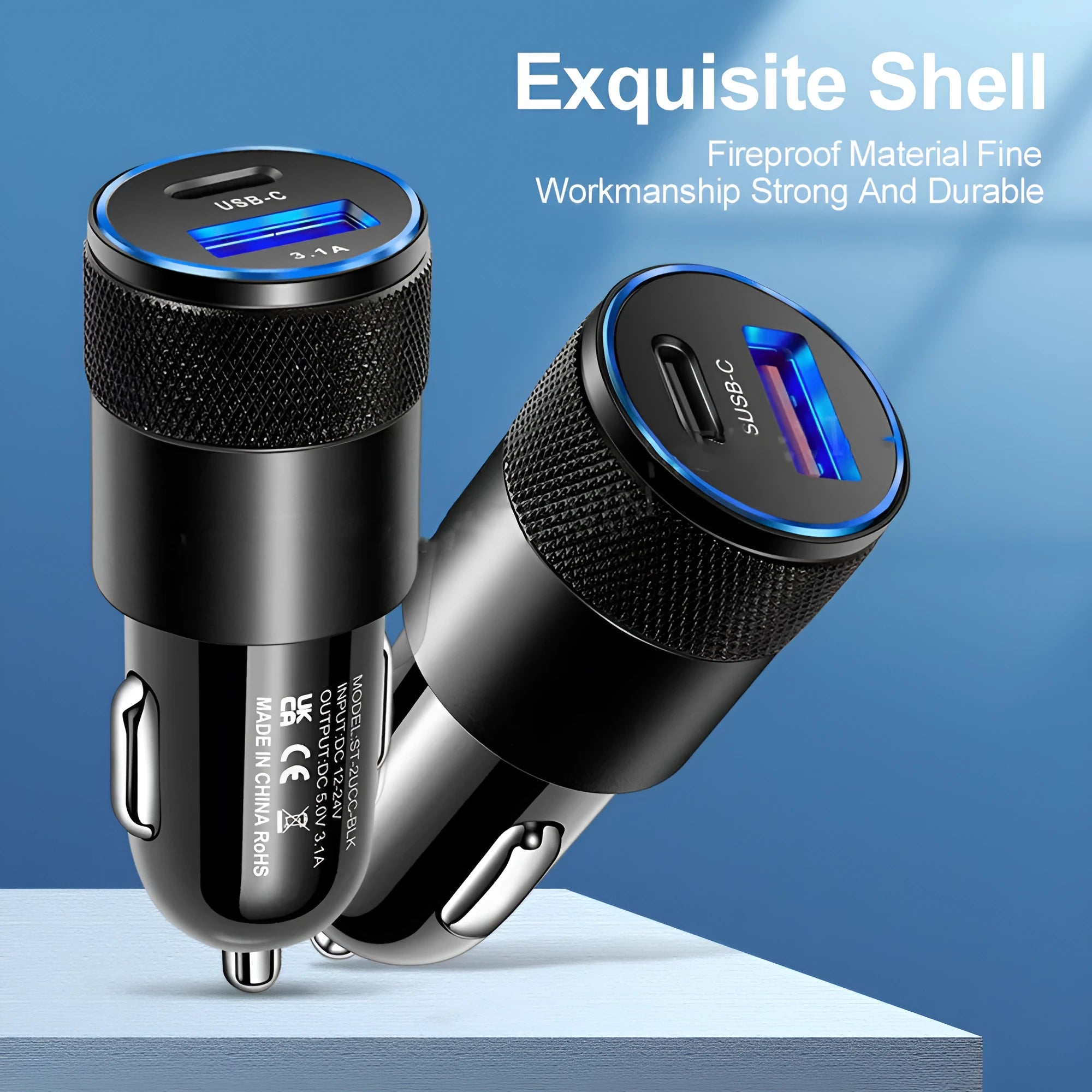 Aluminium alloy car phone charger mounted on a vehicle dashboard.