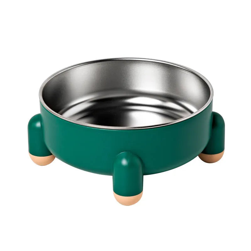 Stainless steel pet bowl with high feet in green, pink, or white colour options