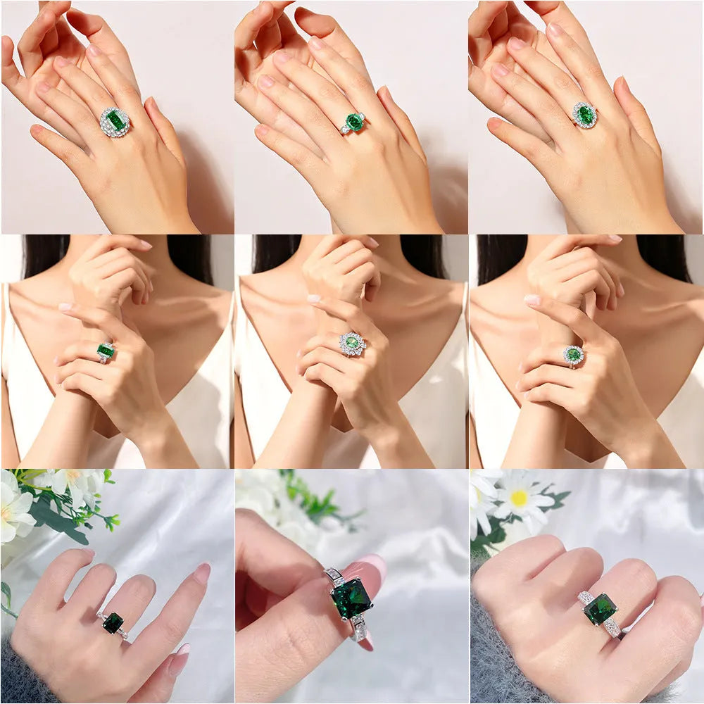 Women's S925 silver emerald ring with geometric band and oval-cut high-carbon diamond centre stone.