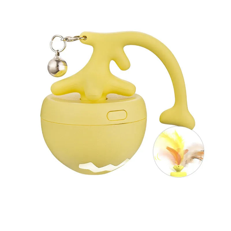 Blue USB electric cat toy with a fish bone rolling ball and teasing stick on a white surface.