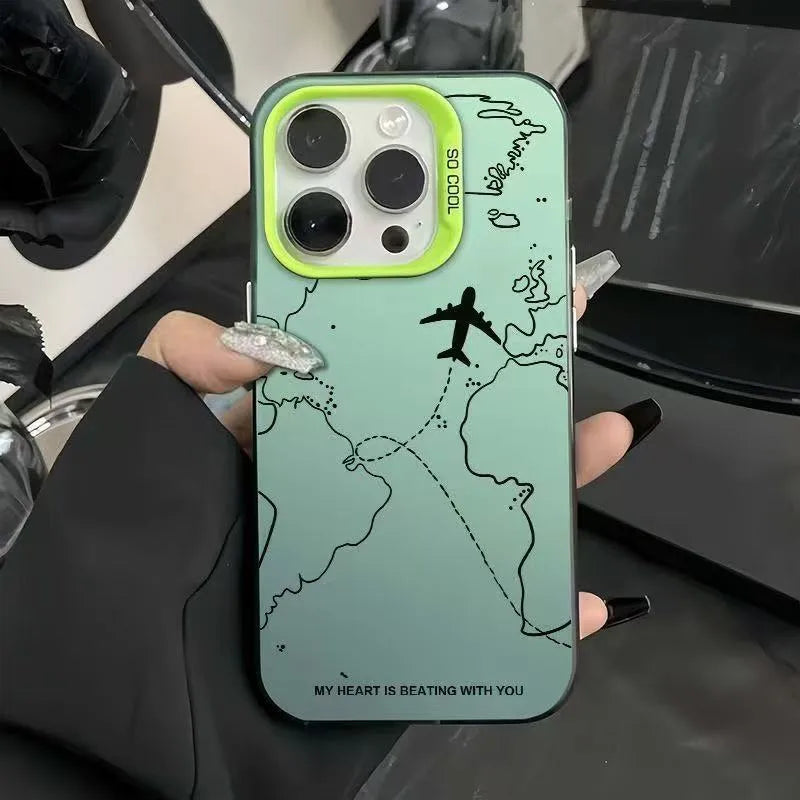 Silver PC hard phone case with flight map design in black, white, purple, or green for iPhone 11 to 16 Pro Max.