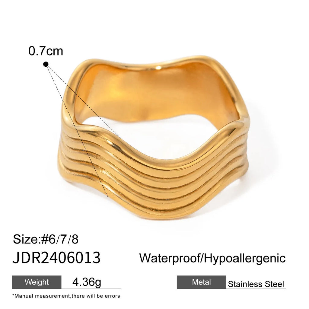 Stainless steel geometric wave pattern ring for women with wide band design