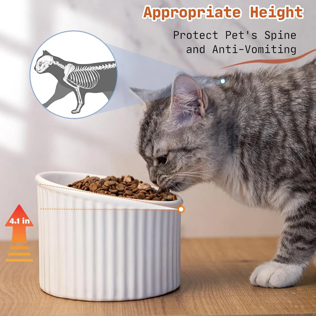 Dark green ceramic elevated cat bowl with round, whisker-friendly shape on a tilted base.
