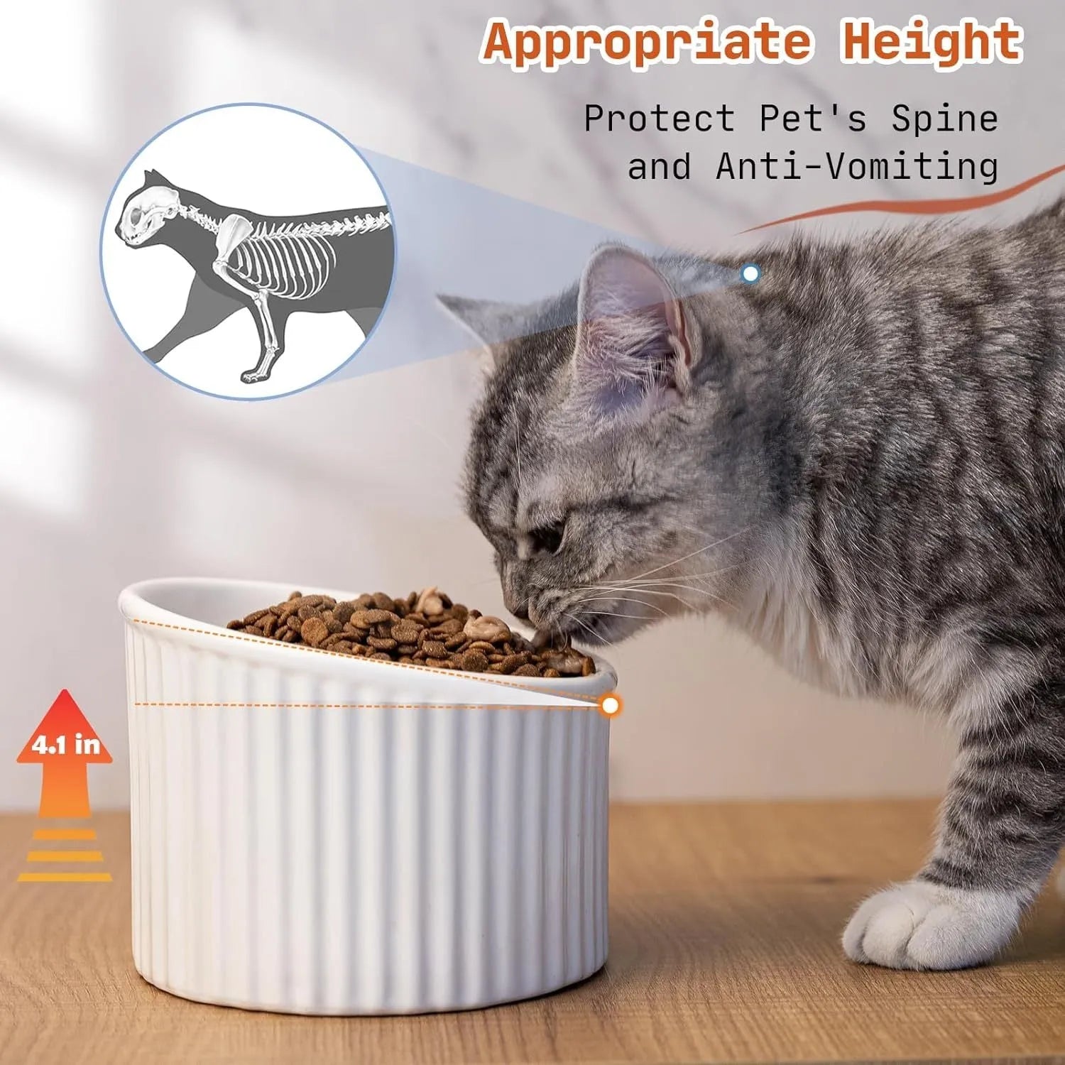 Dark green ceramic elevated cat bowl with round, whisker-friendly shape on a tilted base.