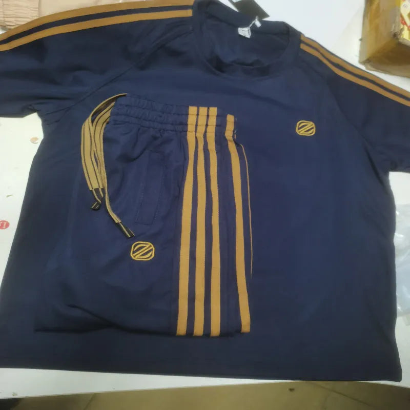 Men's blue ironing-free short sleeve polyester sports suit consisting of a top and pants