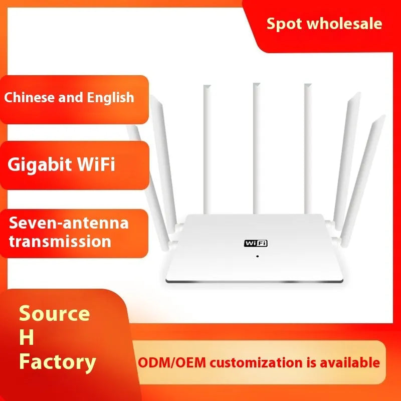 Black and white dual-band 5G Gigabit router for home WiFi with multiple antenna options.