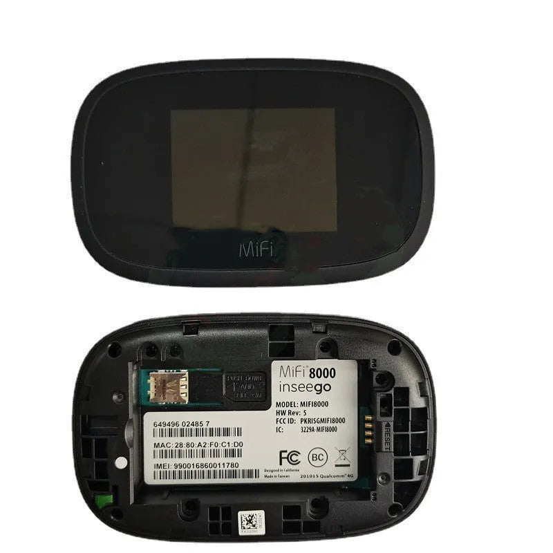 Black portable 4G LTE WiFi router with dual-core processor measuring 10x20x3 cm