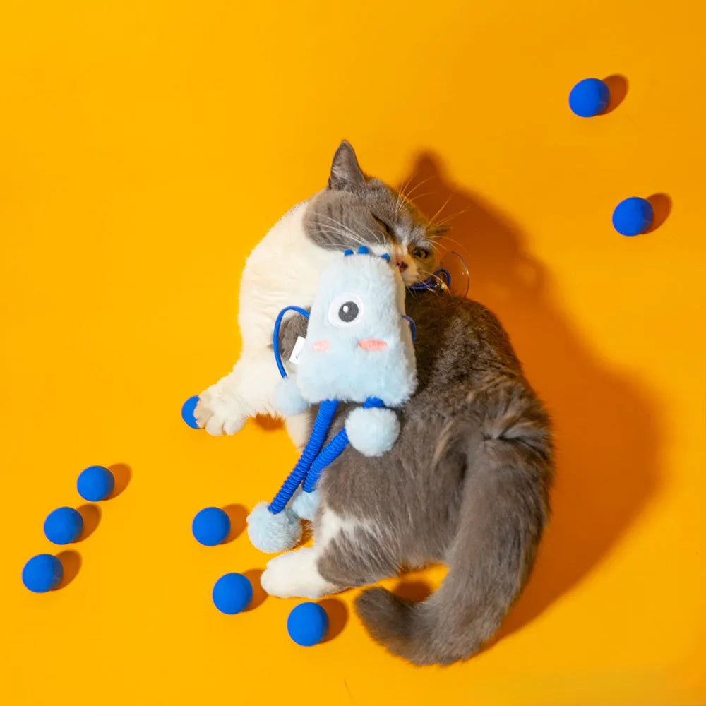 Blue plush telescopic elastic cat toy with a metal mint bell on a 30cm elastic rope.