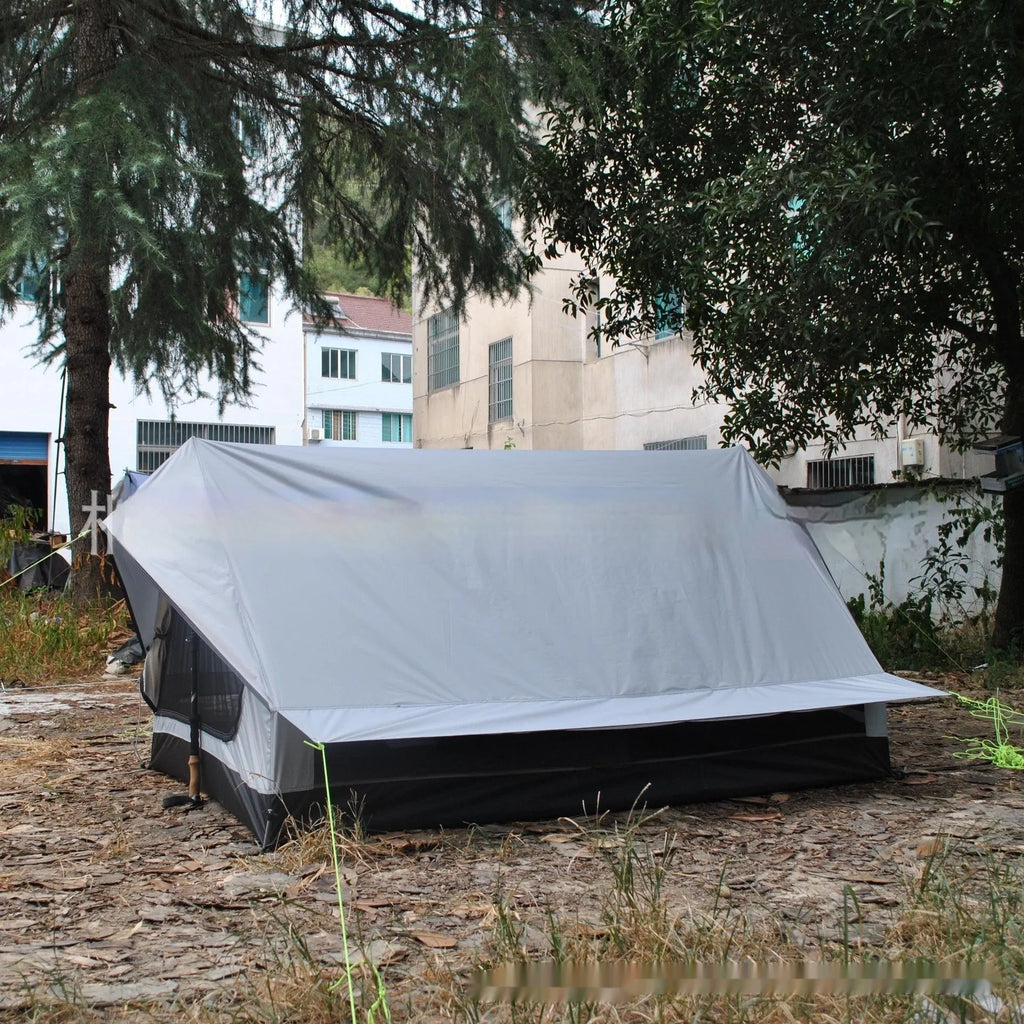 Brown and white pole-free A-line tent made of 210T fabric with PU4000 waterproofing for 2-3 people