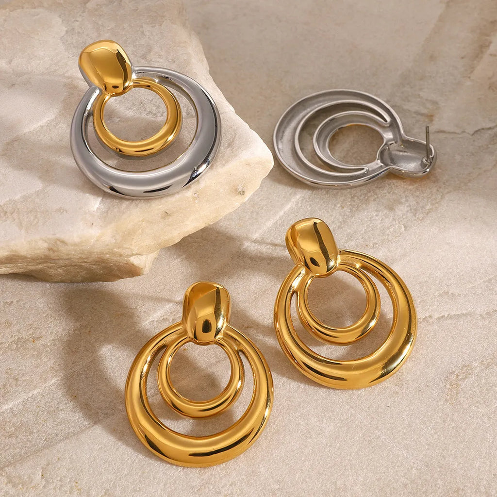 18K gold electroplated titanium steel round double layer hollow stud earrings for women
