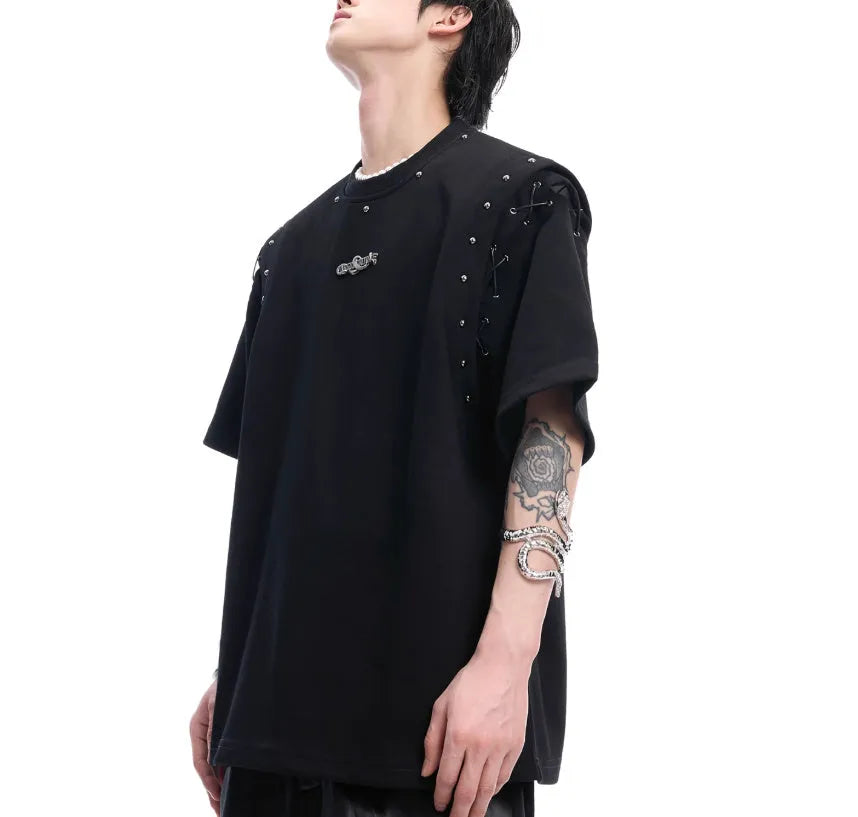 Black deconstructed short sleeve t-shirt with lace-up detail and a cutout design on a mannequin.