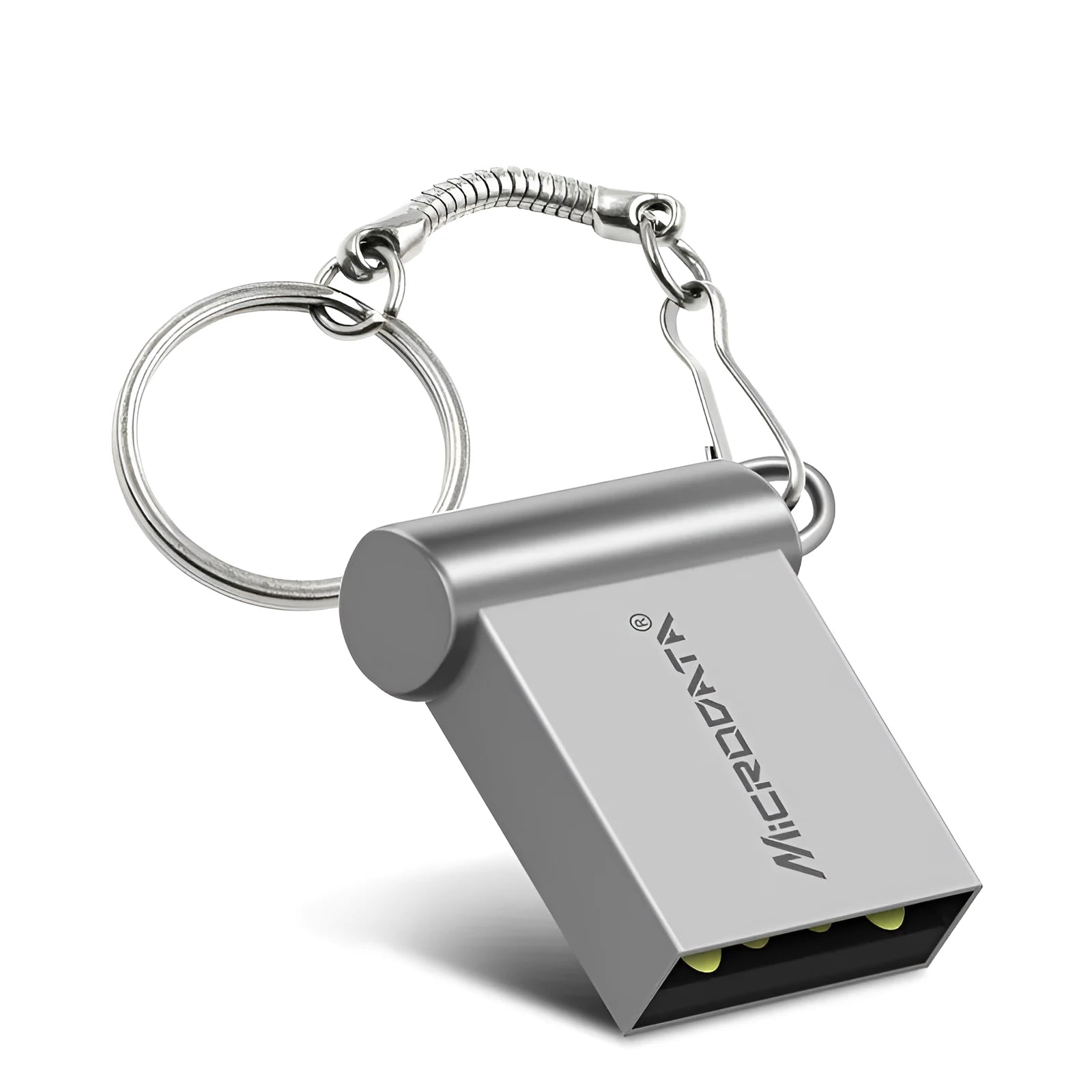 Silver metal USB flash drive on a keyring chain against a dark background