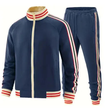 Men's casual two-piece suit set with zippered turtleneck cardigan and matching trousers in streetwear style