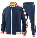Men's casual two-piece suit set with zippered turtleneck cardigan and matching trousers in streetwear style