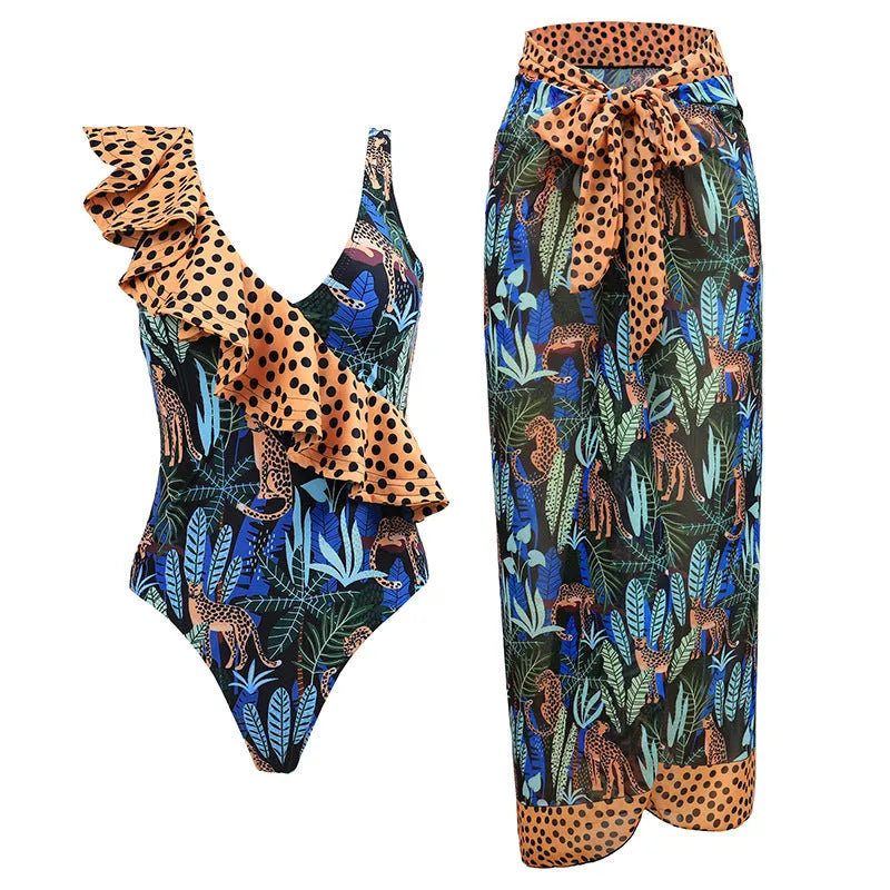 Women's solid colour one-piece swimsuit with spaghetti straps and an attached skirt