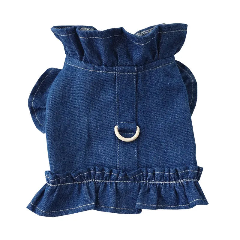 Dark blue denim dog dress with ruffles vest design and leash hook attachment for small canine