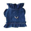 Dark blue denim dog dress with ruffles vest design and leash hook attachment for small canine