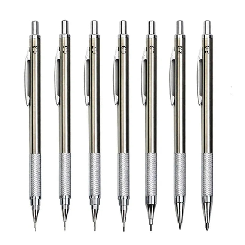 Metal automatic mechanical pencil with five lead size options displayed with 2B refills