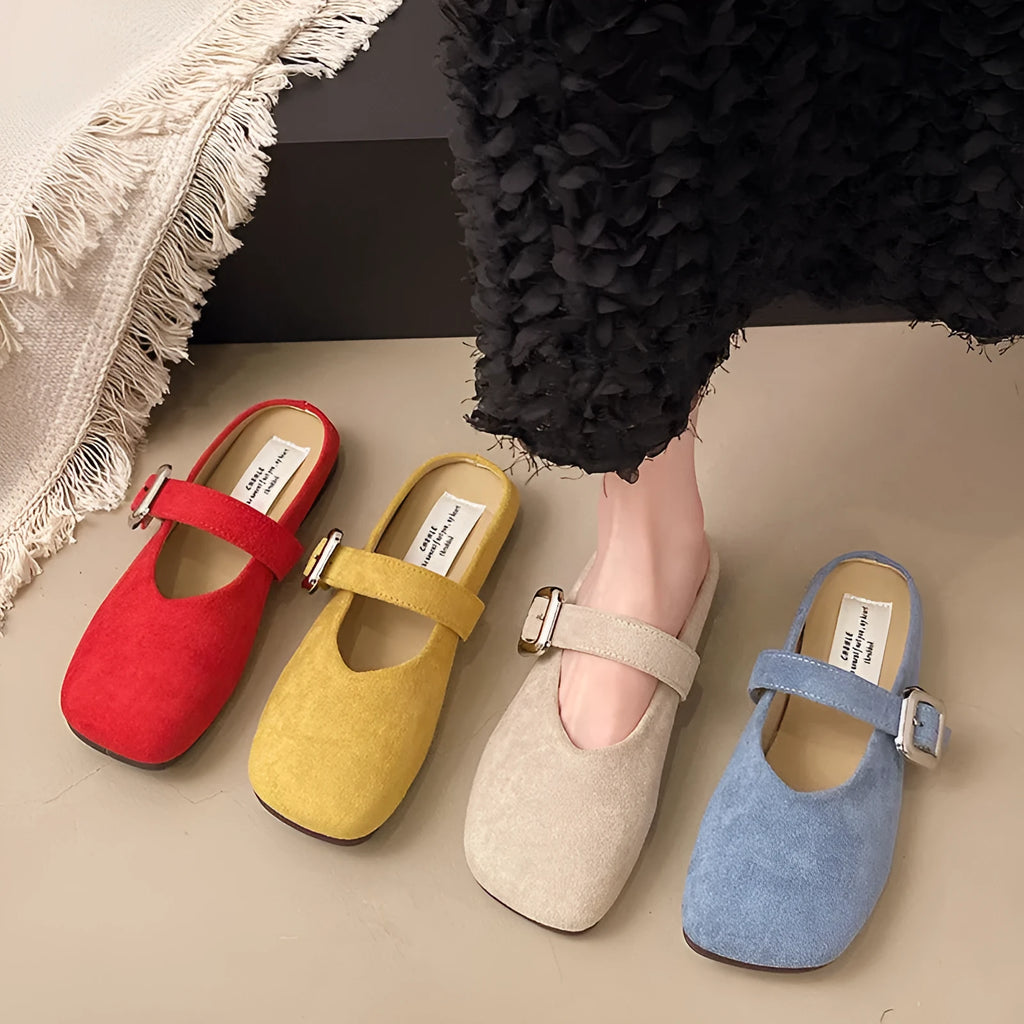 Women's flat closed toe half slippers in apricot, blue, red, or yellow with a square toe and rubber sole.