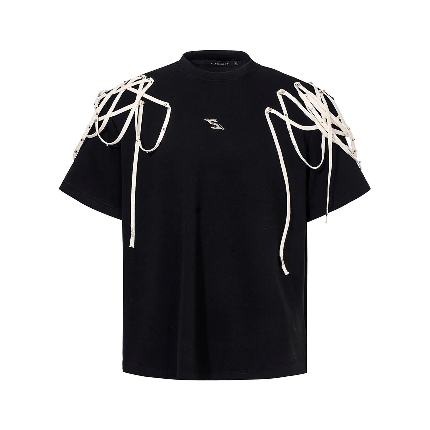 Black loose fit short-sleeved T-shirt with rivet ribbon padded shoulder detail