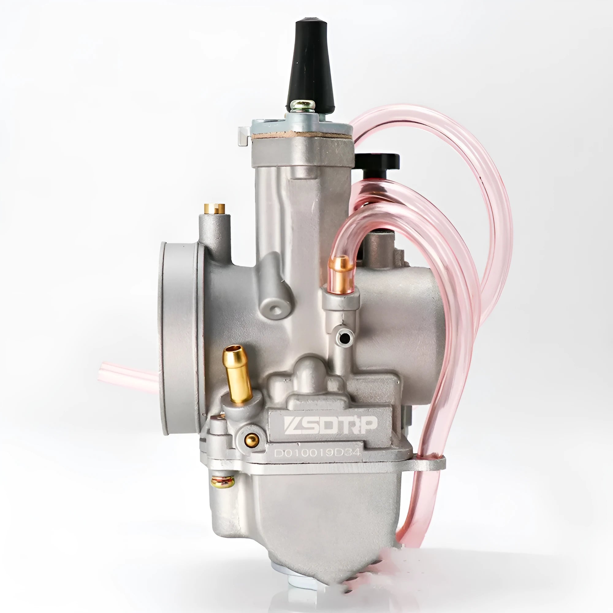 Seven PWK sandblasted motorcycle carburetors ranging from 21mm to 34mm sizes in colour box packaging