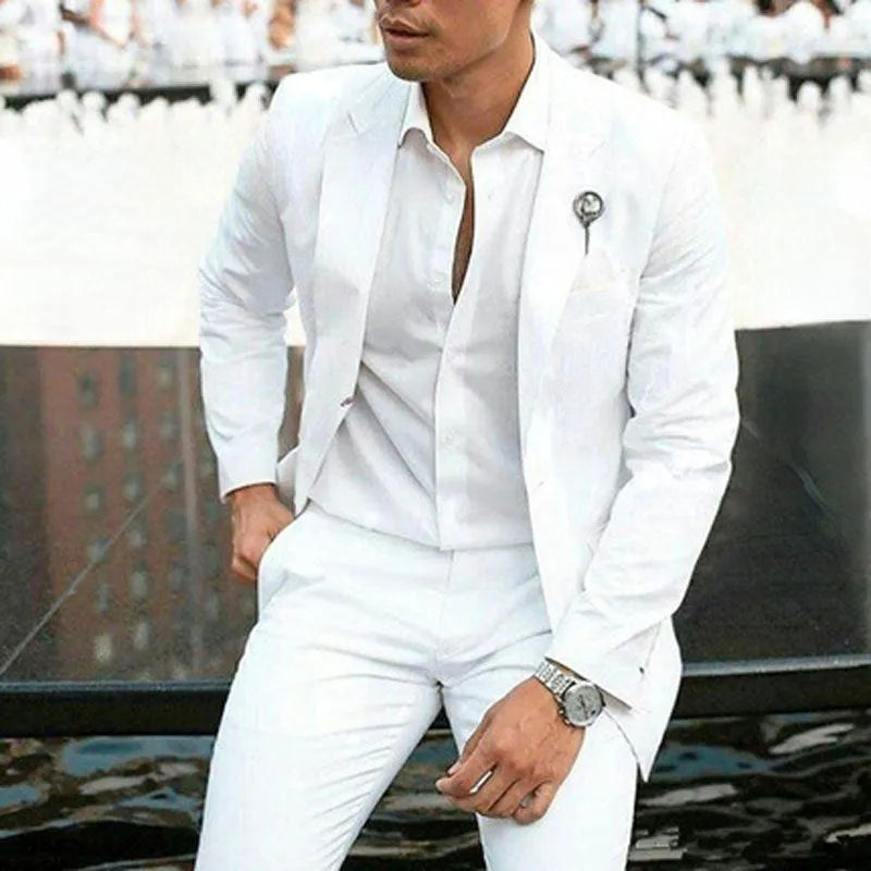 Men's white slim fit two-piece suit for weddings and formal occasions