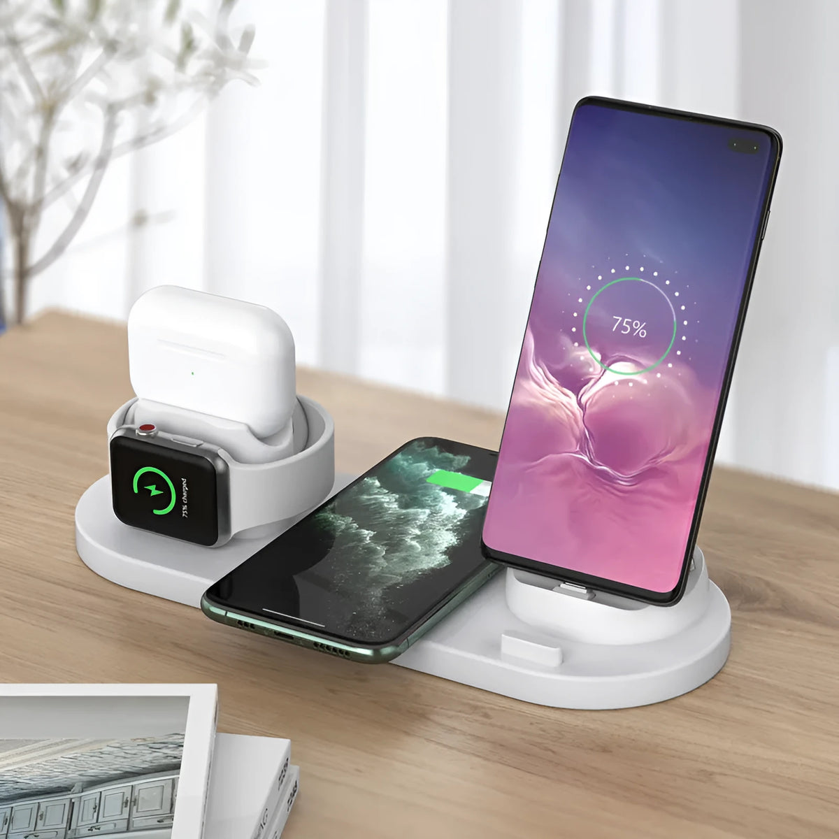Black and white 6-in-1 wireless charging station with phone holder, AirPods and iWatch charging