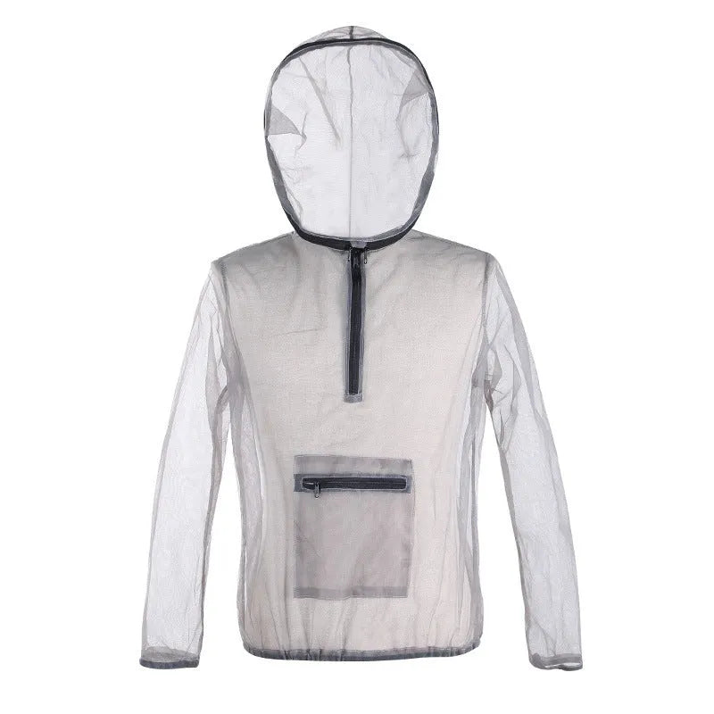 Smoky grey mesh insect-proof jacket for outdoor sports like hiking and camping.