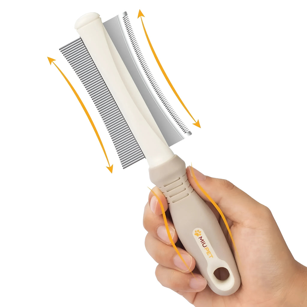 White double-sided dog and cat grooming brush with comb and deshedding blade, showing comfort-grip handle.