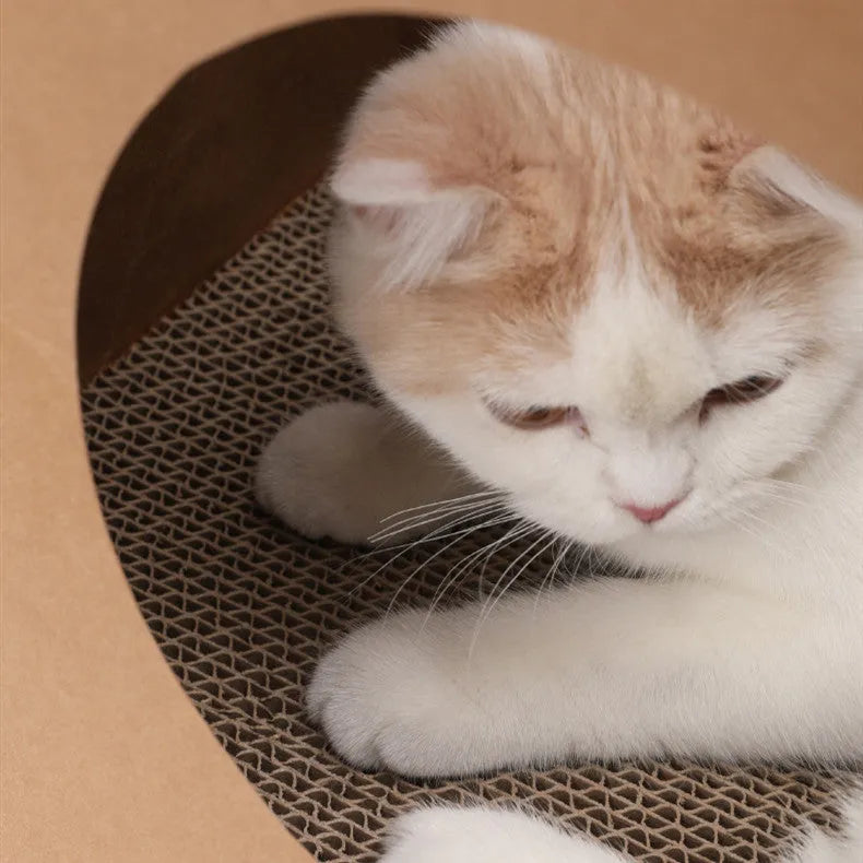 Brown integrated cat nest and scratch board unit made from washable kraft paper.