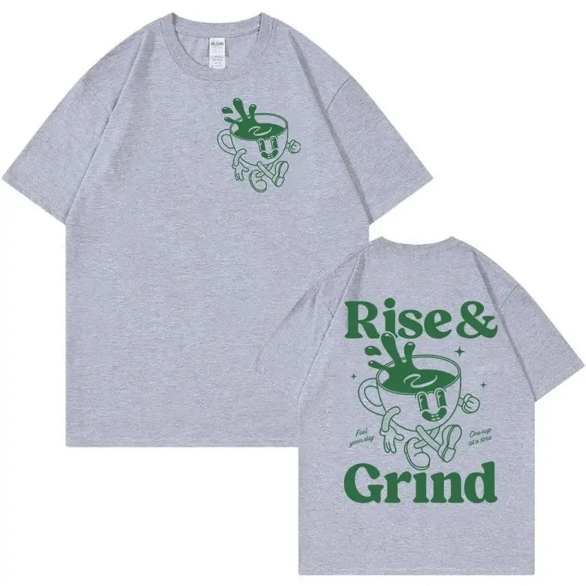 Man wearing a loose-fit linen t-shirt with a 'Rise And Grind Green Coffee Fun Expression Bag' cartoon graphic print.