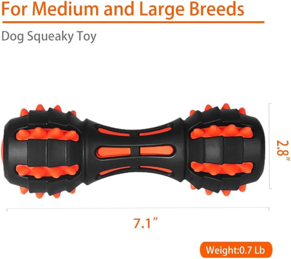 Red dumbbell-shaped dog chew toy for medium large breeds with natural rubber construction