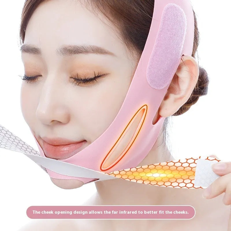 Pink and black elastic V-shaped face bandage for facial care support.